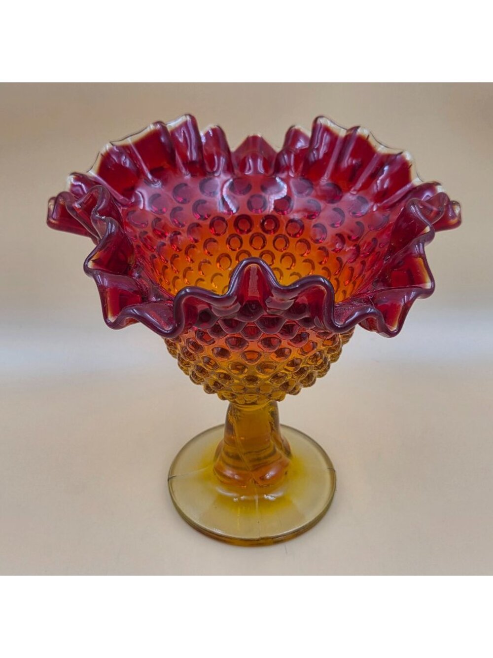 Fenton Hobnail Amberina Glass Compote Ruffled Rim Swirl Stem Vintage
